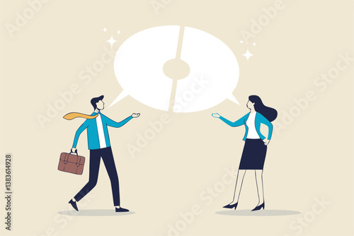 Communicate solution to solve problem, agreement, teamwork or cooperation, conversation message, meeting or discussion concept, business people communicate with connected jigsaw puzzle speech bubble.