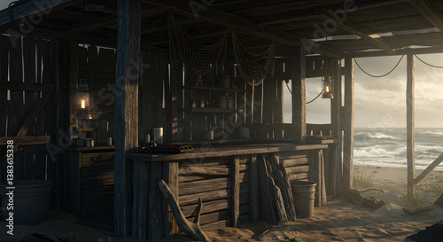 Rustic Beach Shack With Driftwood Counters And Netting Overlooking Ocean Waves
