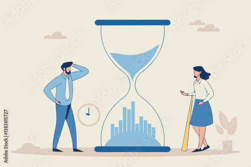 Time management or employee timesheet analysis, time tracking efficiency or productivity, working hour or project schedule concept, business people project manager analyze time graph in sandglass.