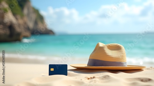 Beach vacation essentials: credit card and straw hat on sand. Perfect for travel ads, financial services, and summer promotions.