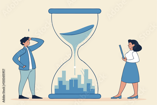 Time management or employee timesheet analysis, time tracking efficiency or productivity, working hour or project schedule concept, business people project manager analyze time graph in sandglass.