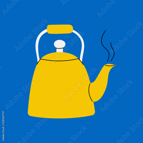 Illustration of a yellow tea kettle with steam on a blue background. Minimalist flat design, perfect for kitchen, tea, coffee, home appliances, cooking, beverage themes. Ideal for posters, prints