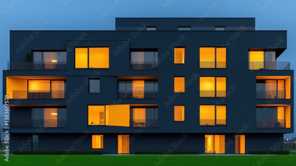Illuminated Modern Apartment Building at Dusk Illuminated Modern Apartment Building at Dusk