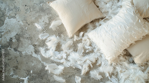 An overhead shot reveals scattered white feathers and plush beige pillows strewn across a textured concrete floor creating a serene and slightly messy scene perfect for home decor