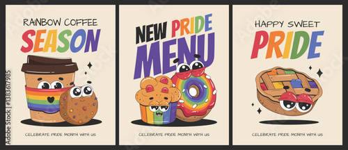 Vector set of posters for LGBTQIA Pride Month. Cartoon groovy food and drink characters. Flyers for menu, cafe or another template design.   