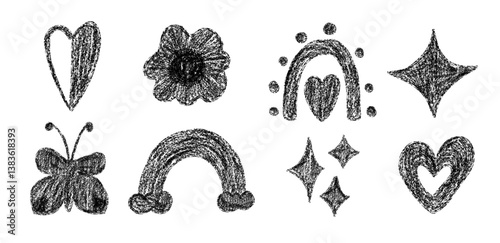 Set of flower and rainbow drawing with black charcoal effect