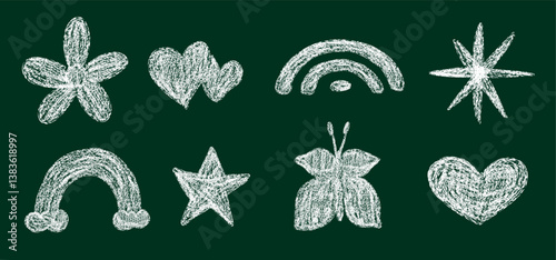 Set of childlike flowers and hearts drawing with white crayon on dark blackboard