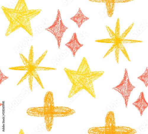 Kids seamless pattern of stars drawing with crayon pencil texture