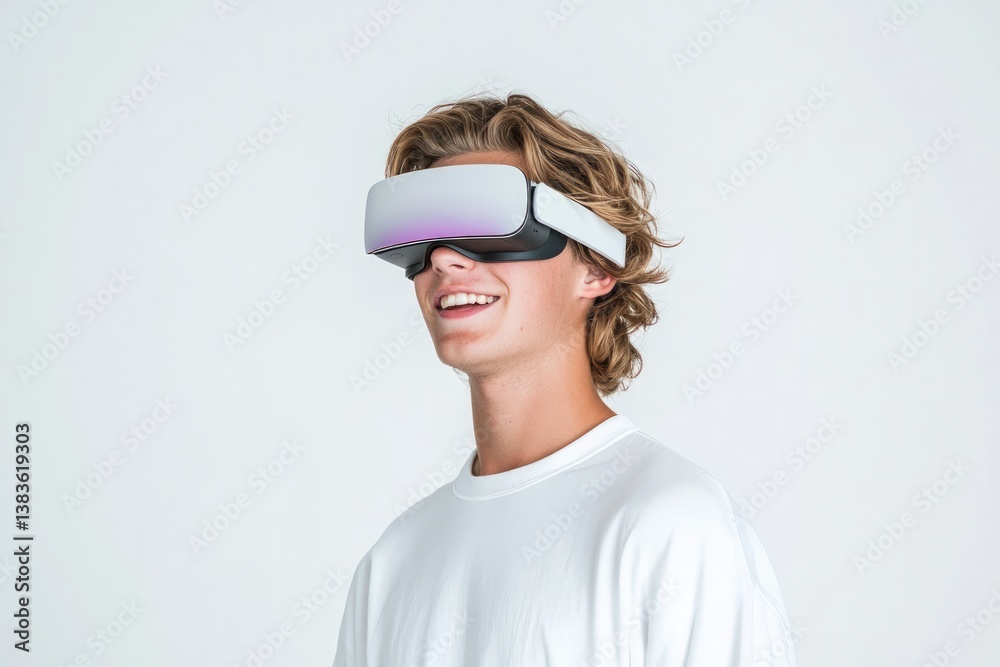 Man wearing VR goggles smiling, immersing in gaming, isolated against white backdrop Man wearing VR goggles smiling, immersing in gaming, isolated against white backdrop