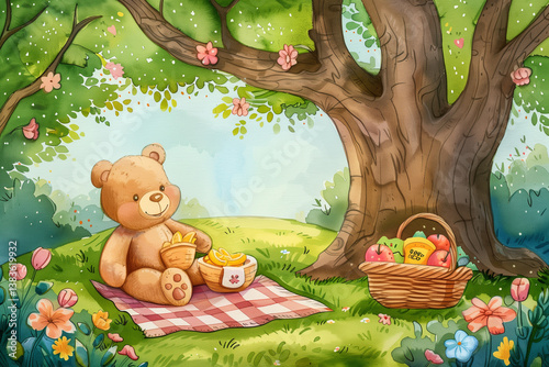 A teddy bear having a picnic under a large tree with a checkered blanket and a basket of goodies.