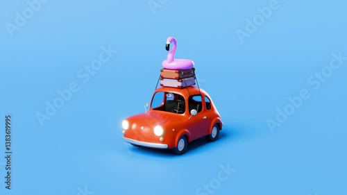 Red cute car with suitcases and inflatable flamingo on the roof moving in and out of the frame 3d animation