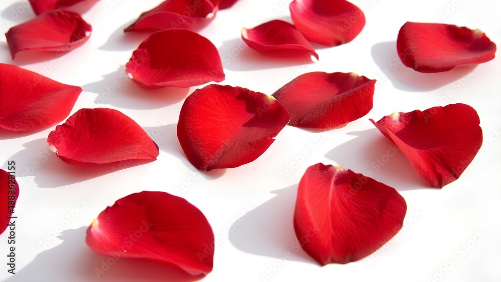 Fototapeta premium Scattered Red Rose Petals on a White Surface