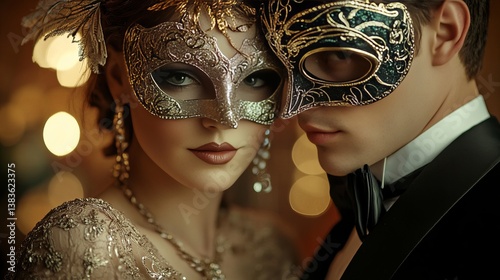 A 1920s masquerade ball with extravagant masks