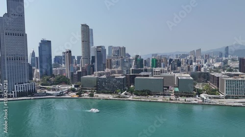 Victoria Harbour waterfront, Hong Kong aerial drone footage