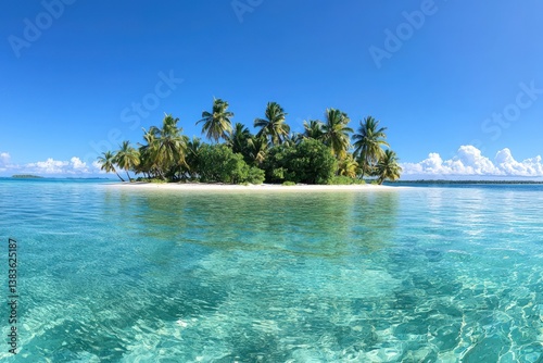 Tropical island paradise Clear water, sandy beach, palm trees. Vacation bliss