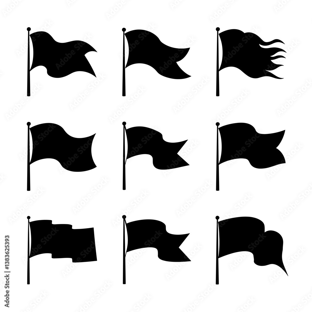 Fototapeta premium Flag Silhouette Vector Bundle | Black and White Flag Clipart | EPS Illustration Set