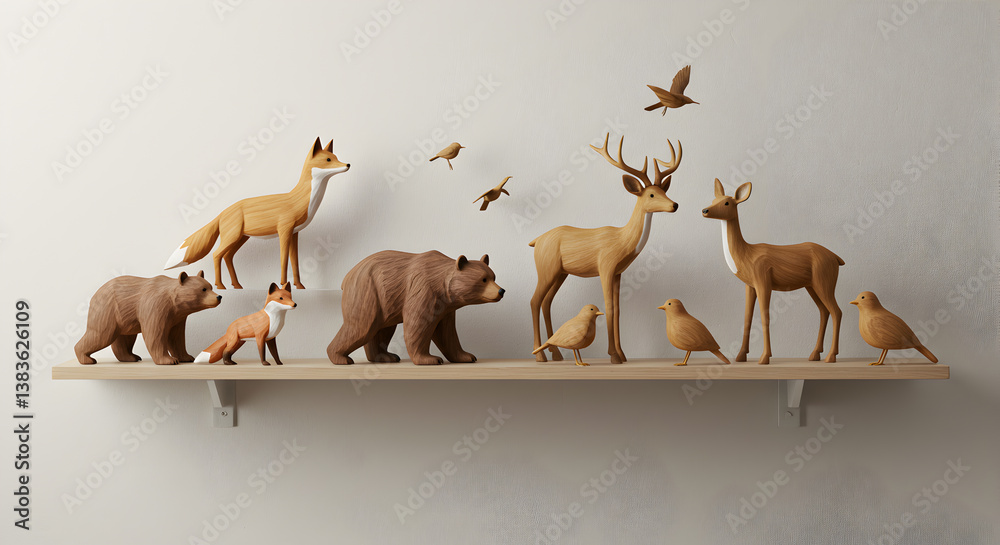 Fototapeta premium Wooden Forest Animal Figurines Collection on Shelf Decorative Minimalist Style