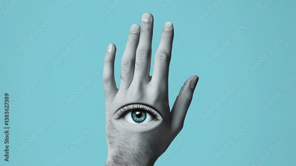 Surreal hand with an eye in the palm against a vibrant turquoise background, symbolizing perception, awareness, and the power of observation in a minimalist artistic composition