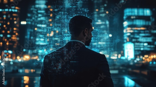 Visionary leader contemplating technological advancement within cityscape