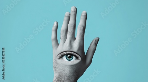Surreal hand with an eye in the palm against a vibrant turquoise background, symbolizing perception, awareness, and the power of observation in a minimalist artistic composition
