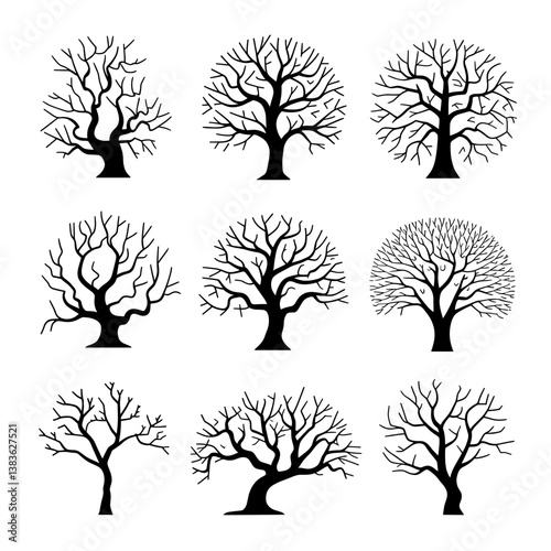 Blackthorn Tree Silhouette Vector Bundle | Black and White Thorn Tree Clipart | EPS Illustration Set