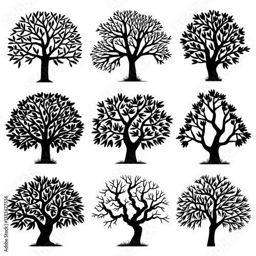 Blackthorn Tree Silhouette Vector Bundle | Black and White Thorn Tree Clipart | EPS Illustration Set