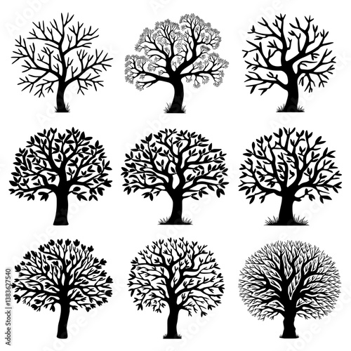 Blackthorn Tree Silhouette Vector Bundle | Black and White Thorn Tree Clipart | EPS Illustration Set