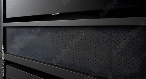 Contemporary black media wall showcasing acoustically transparent speaker fabric texture