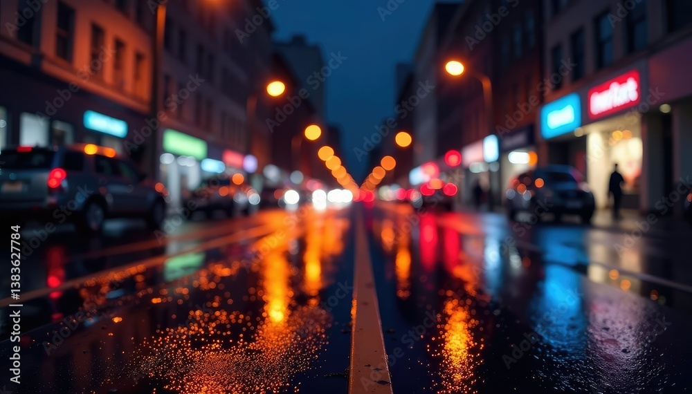 Abstract late-night city lights reflecting on wet pavement, architecture, shadows, cool Abstract late-night city lights reflecting on wet pavement, architecture, shadows, cool