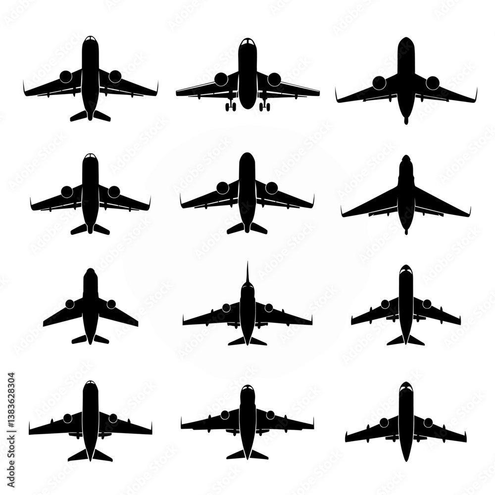 Airplane Silhouette Vector Bundle | Black and White Aircraft Clipart | EPS Illustration Set