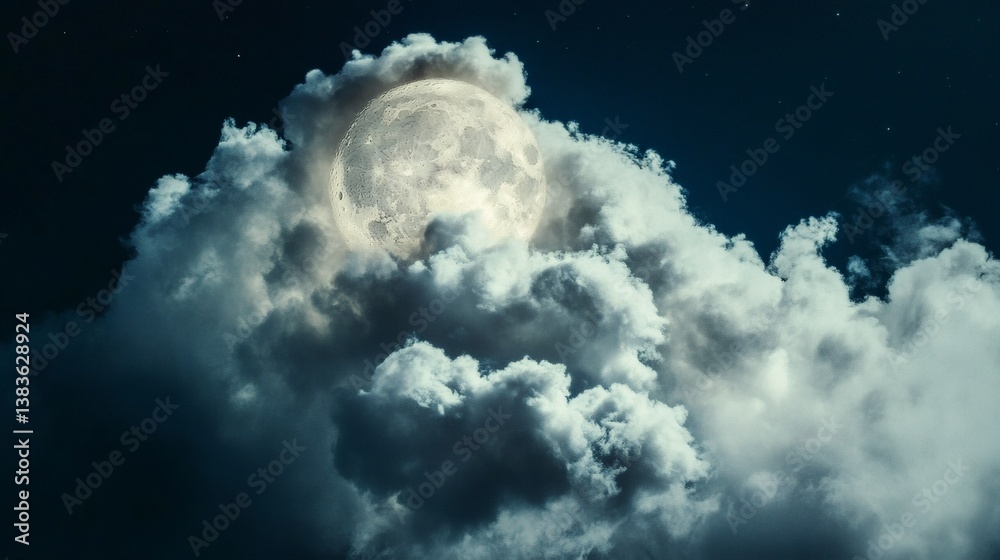 Naklejka premium Full moon hidden behind clouds at night, starry sky background. Ideal for dreamy, mystical, or nighttime themes