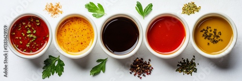 Wallpaper Mural Culinary artistry meets flavor exploration: Six vibrant sauces and dips arranged elegantly, showcasing rich colors and garnished with fresh herbs and spices on a pristine white background. Torontodigital.ca
