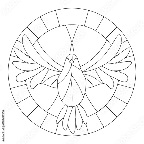 White dove symbol of the holy spirit to Pentecost in the outline of stained glass