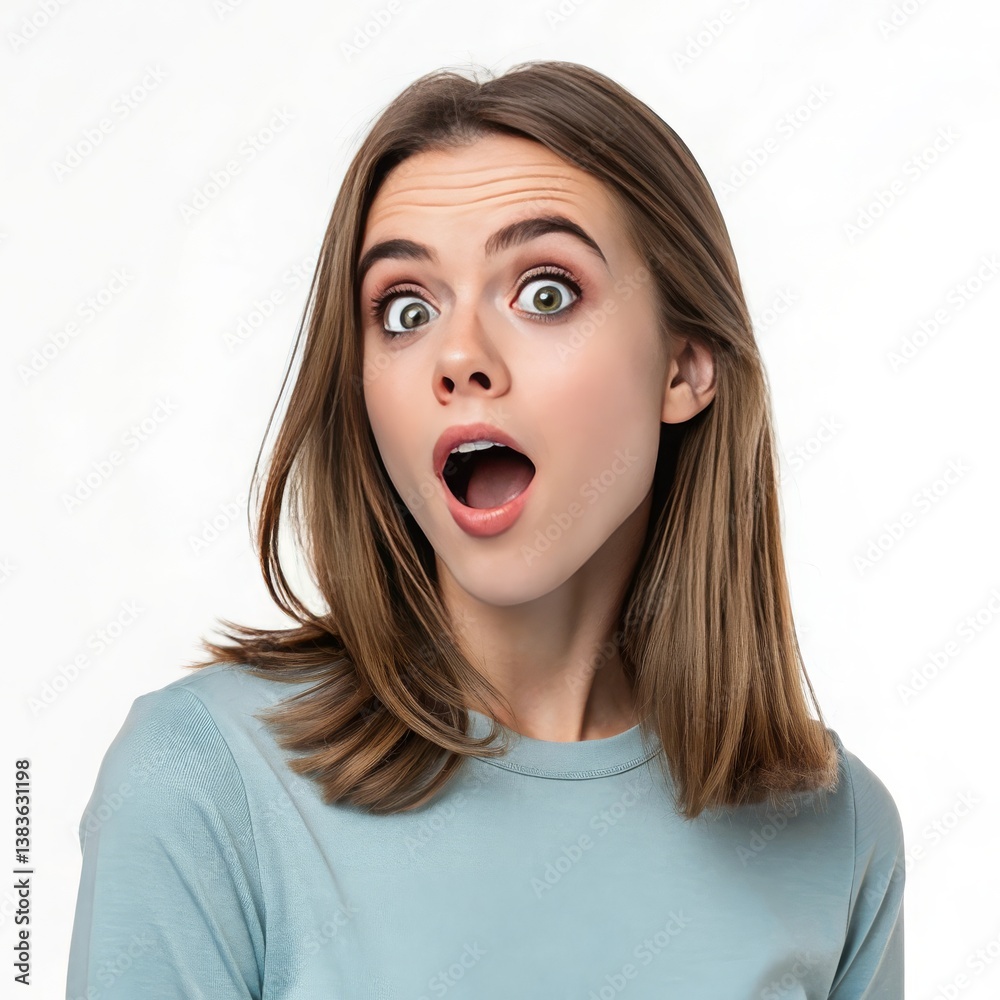 Surprised beauty with open mouth, a child's face and woman's eyes showing cheerful emotion Surprised beauty with open mouth, a child's face and woman's eyes showing cheerful emotion