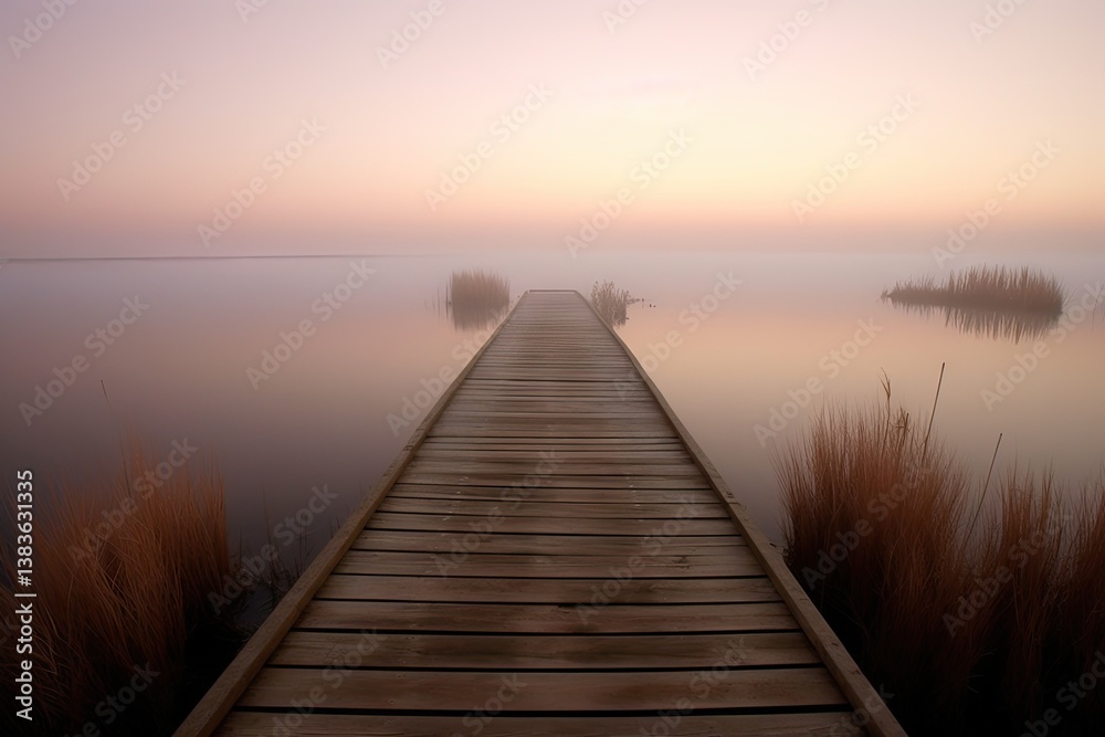 Obraz premium Pier stretches into misty lake at dawn. Reeds dot calm waters, sky glows with soft pastel light