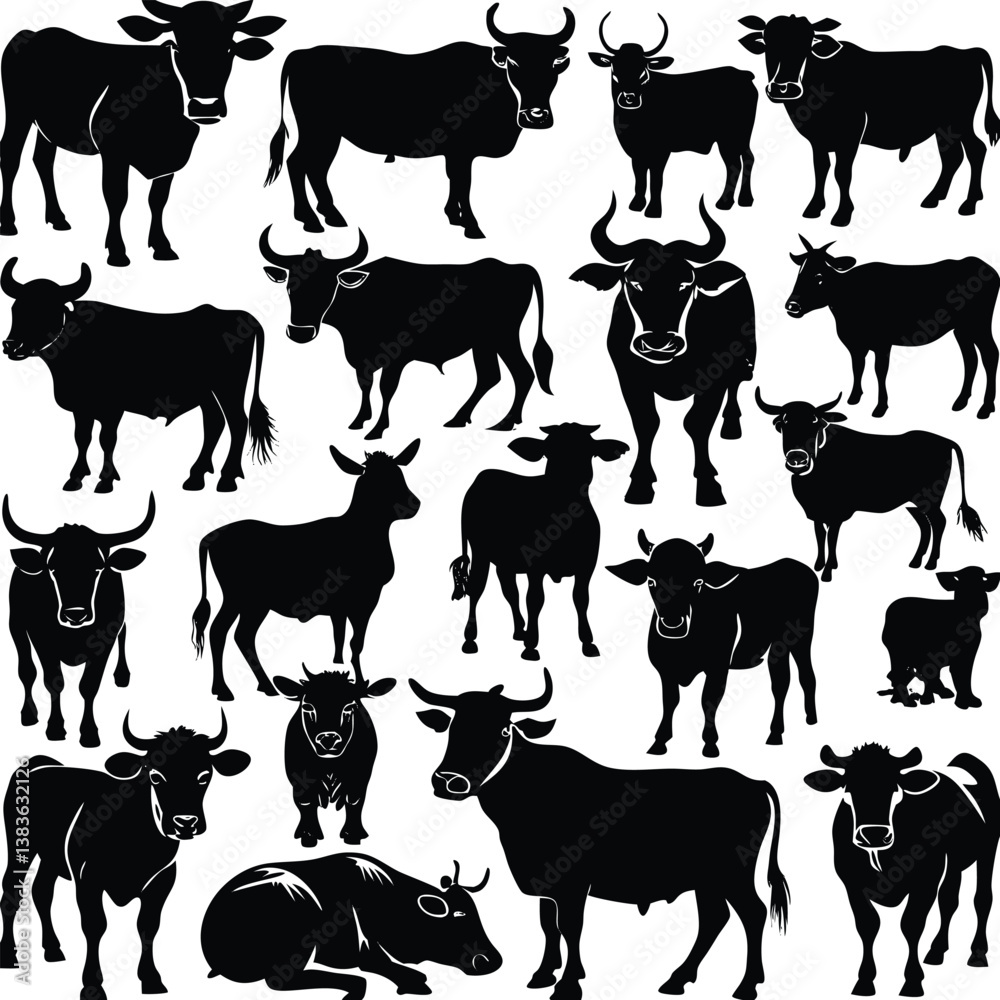 Black Cow silhouette vector icon set isolated on white background. Black Cow silhouette vector icon set isolated on white background.