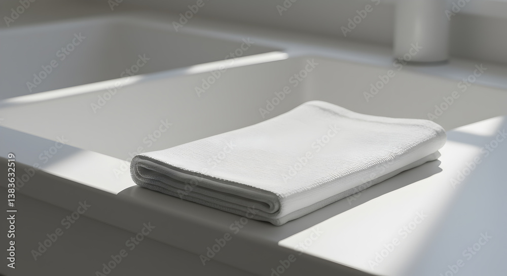 Folded White Dishcloth Near Modern Ceramic Kitchen Sink In Bright Light Folded White Dishcloth Near Modern Ceramic Kitchen Sink In Bright Light
