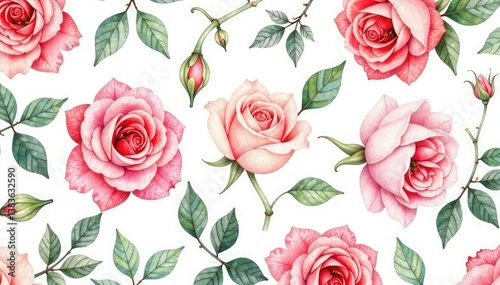 Delicate watercolor roses & leaves, repeating pattern, pretty, white