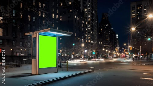 A empty blank green screen bus stop in a bustling city at night, with a timelapse of fast-moving cars creating light trails,  ideal for urban advertisement