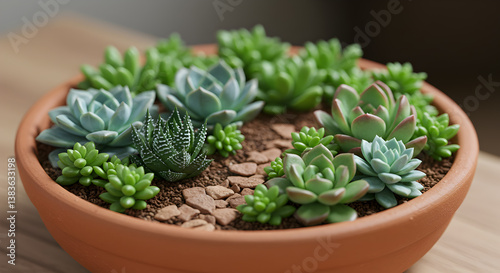 Assortment Of Mini Succulents In A Terracotta Dish Garden Growing Indoors