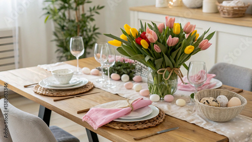 Spring Dining Table Setting with Tulips and Pastel Dishes