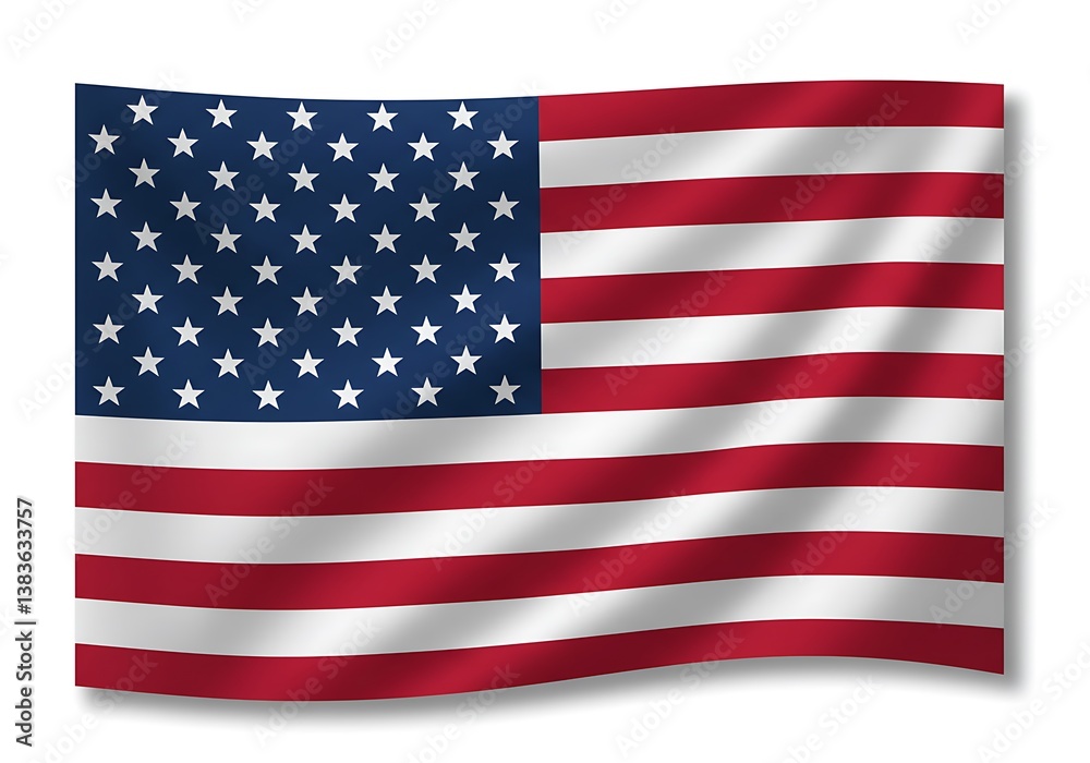 Naklejka premium A majestic American flag billowing proudly in the wind, showcasing vibrant red and white stripes against a deep blue field of stars.