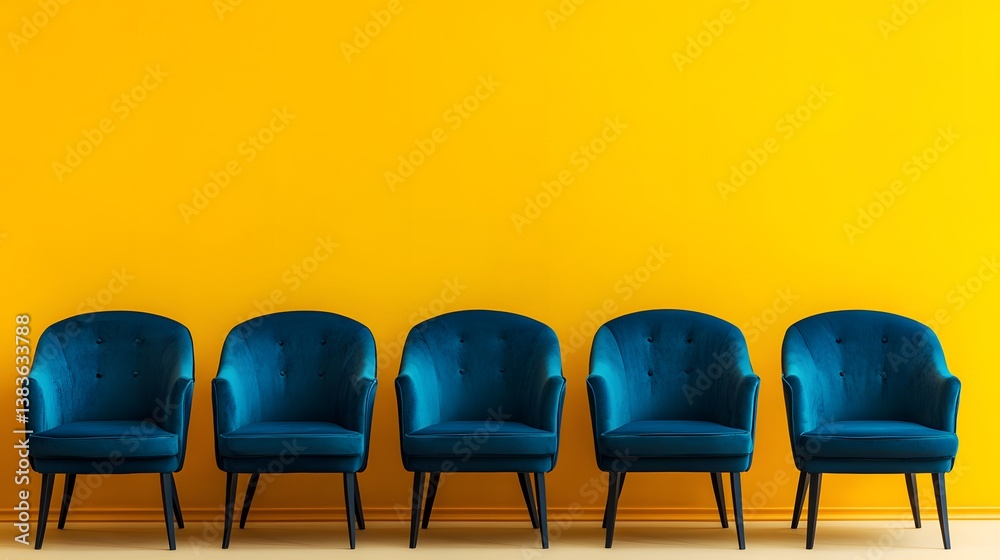 Obraz premium Modern Blue Armchairs in a Row on Vibrant Yellow Background for Interior Design Inspiration