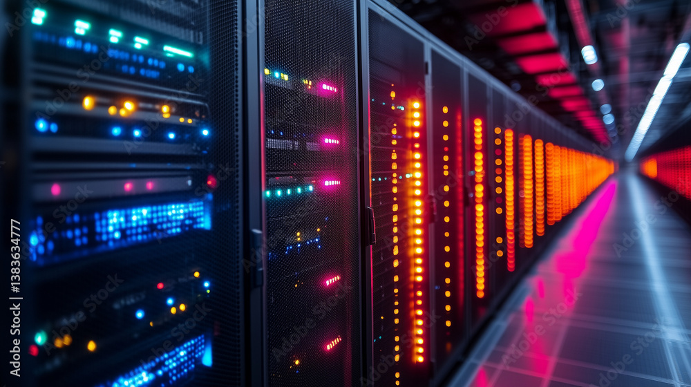 High-Tech Data Center with Colorful Server Lights High-Tech Data Center with Colorful Server Lights
