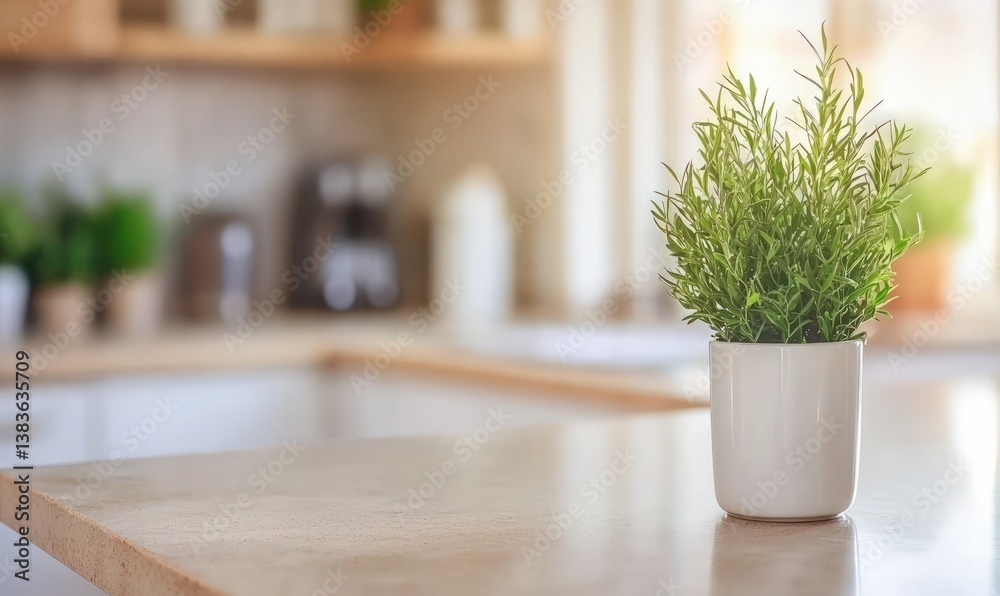 Herb pot on counter in a bright kitchen, home cooking, healthy eating concept Herb pot on counter in a bright kitchen, home cooking, healthy eating concept