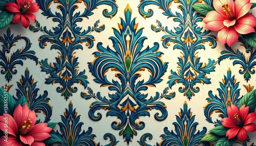 Intricate floral damask, elegant swirls and leaves , seamless pattern, pattern