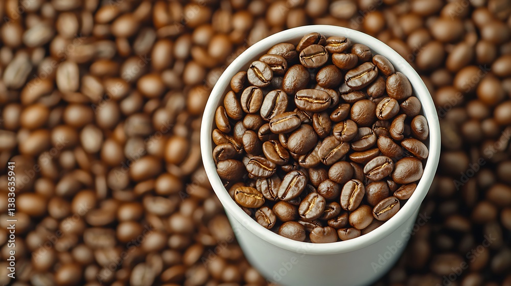 Fototapeta premium Aromatic Roasted Coffee Beans in a White Cup, Perfect for a Cozy Morning or Afternoon Beverage Presentation.