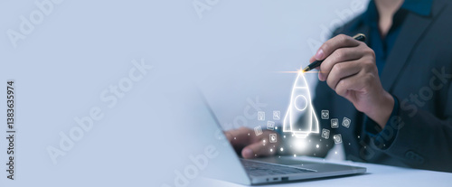 Obraz na plátně Startup rocket, innovative ideas, business creativity, marketing, entrepreneurial investment