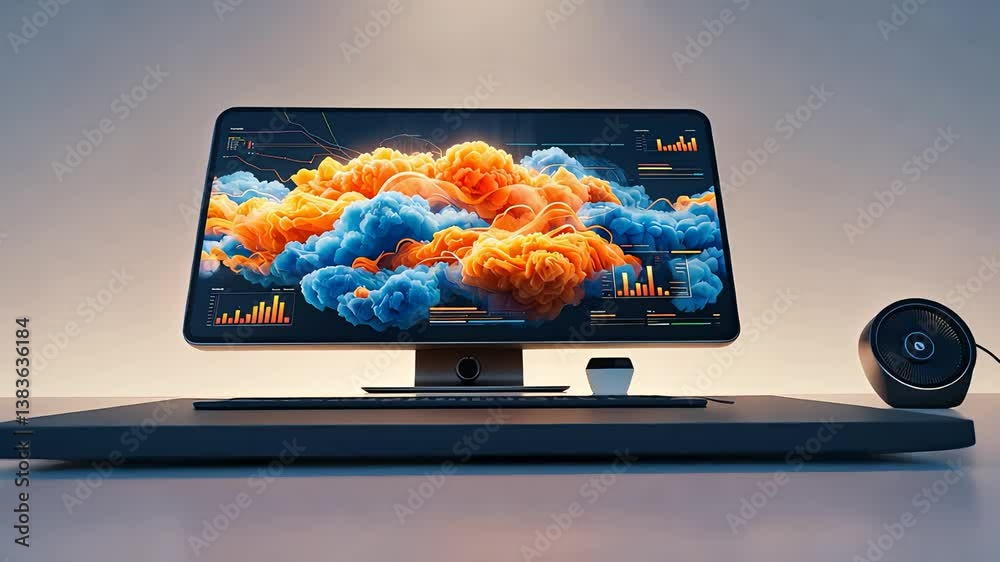 Modern desktop computer with a widescreen display showing vibrant data visualization graphics and cloud elements in a minimalist workspace

