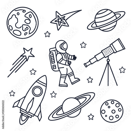 Space Exploration Icons – Astronaut, Rocket, Planets, Stars, Telescope